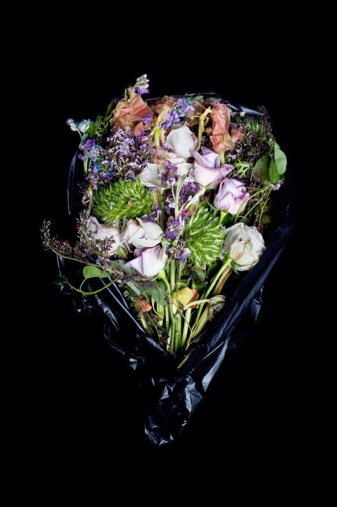 Fine Art Photography C Print: Rose and mixed dying flower bouquet against black background