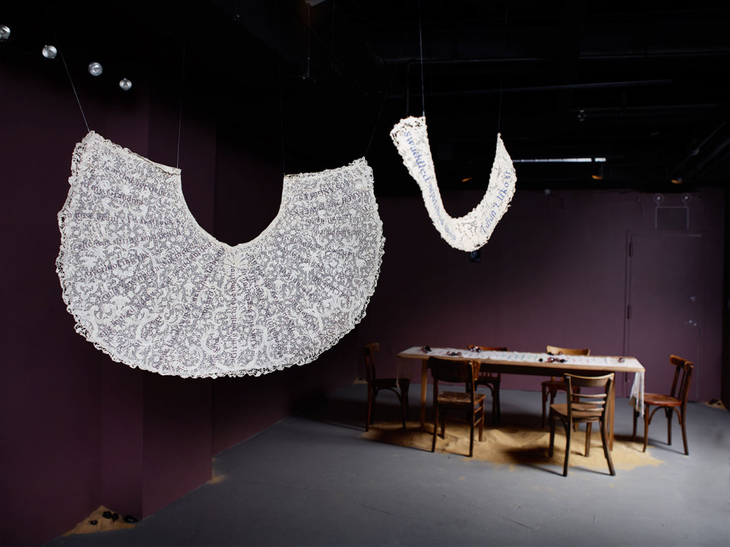 Installation art at Garis &amp; Hahn Gallery in New York City of fiber art by Zoe Buckman.