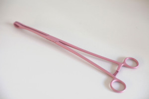 Light pink powder coated gynecological instrument sculpture by New York feminist artist Zoe Buckman