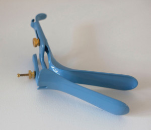 Blue powder coated gynecological instrument sculpture by contemporary female artist Zoe Buckman