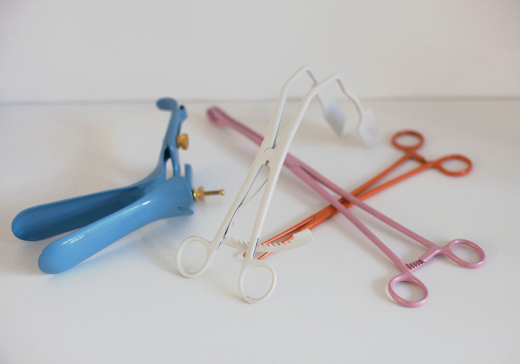 Powder coated medical instruments as feminist art objects by Zoe Buckman